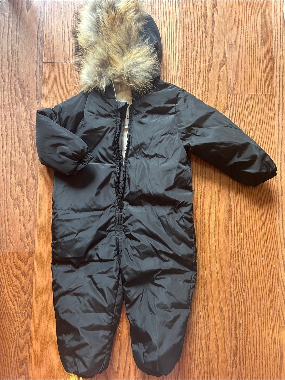 12-18M Toddler Black Insulated Snowsuit with Faux Fur Hood